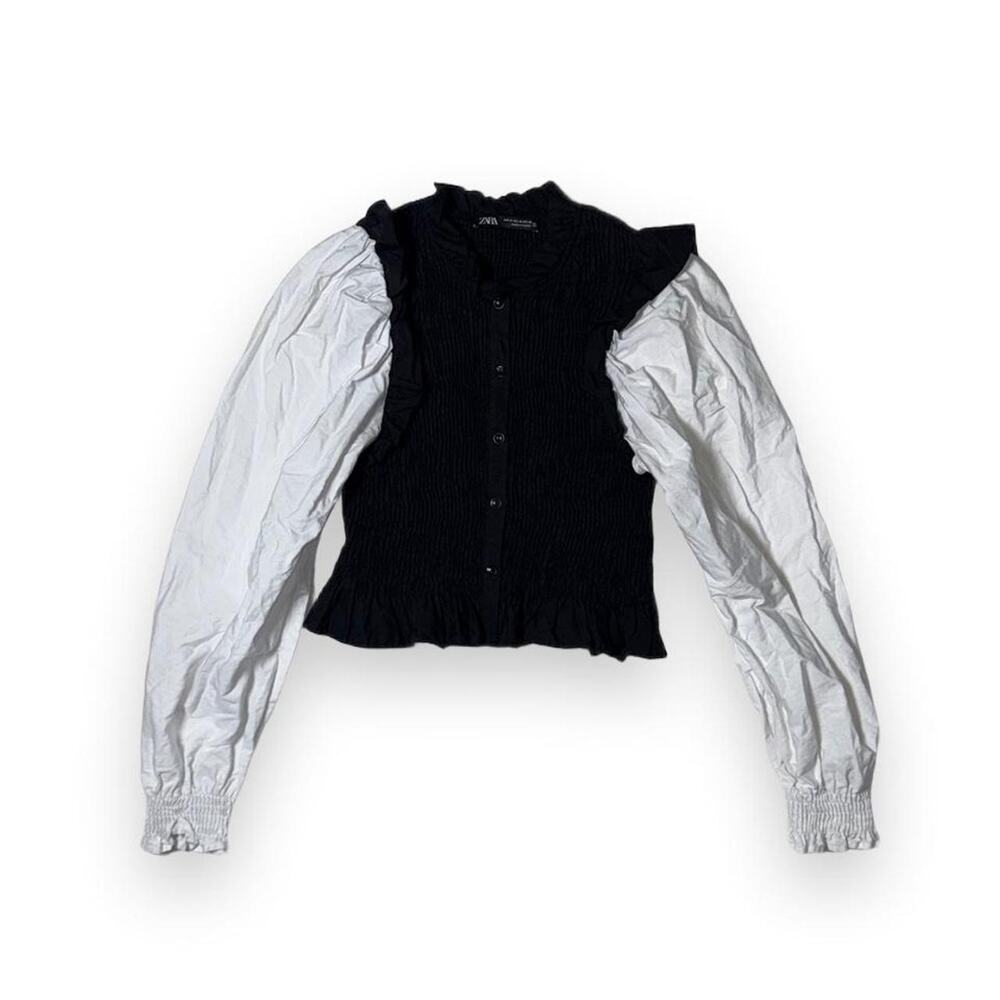 Zara Black White Contrast Smocked Ruffle Poplin Sleeve Top M